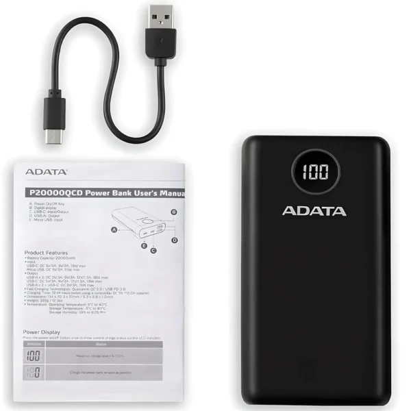 ADATA Powerbank 20000 mAh P20000QCD Bateria Portatil Recargable con Carga Rapida Qualcomm QC 3.0 USB PD 3.0 tecnologia y widgets mx 2