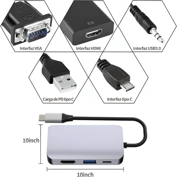 Autbye Adaptador USB C a HDMI VGA 4 en 1 USB 3.0 Hub 4K HDMI Tipo-C a HDMI VGA USB 60W PD Convertidor tecnologia y widgets mx 1