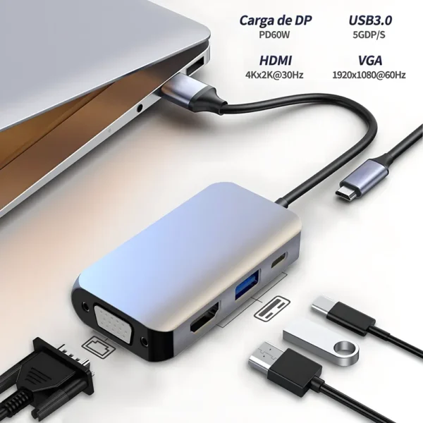 Autbye Adaptador USB C a HDMI VGA 4 en 1 USB 3.0 Hub 4K HDMI Tipo-C a HDMI VGA USB 60W PD Convertidor tecnologia y widgets mx 3