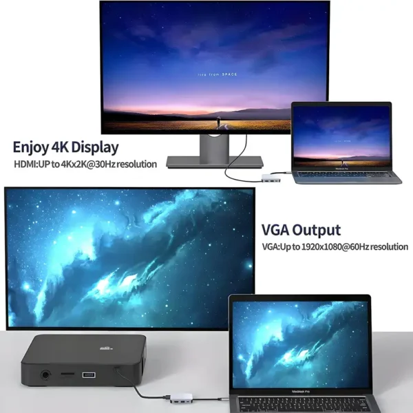 Autbye Adaptador USB C a HDMI VGA 4 en 1 USB 3.0 Hub 4K HDMI Tipo-C a HDMI VGA USB 60W PD Convertidor tecnologia y widgets mx 4