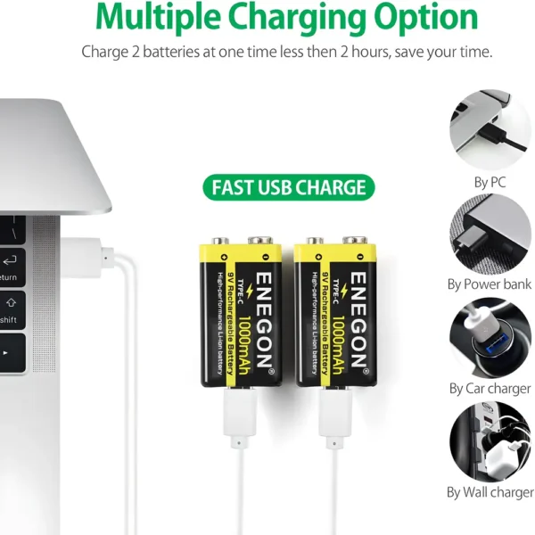 ENEGON 2 Paquetes de Baterías de Litio Recargables de 9V 1000mAh con Cable de Carga Type C 2 en 1 tecnologia y widgets mx 2