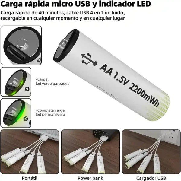 FreshFun Pilas Recargables AA Paquete 4 Baterías Recargables 1.5V Alta Capacidad Carga 2200 mWh 1460 mAh Litio Carga Rápida USB Tipo C tecnología y widgets mx 1