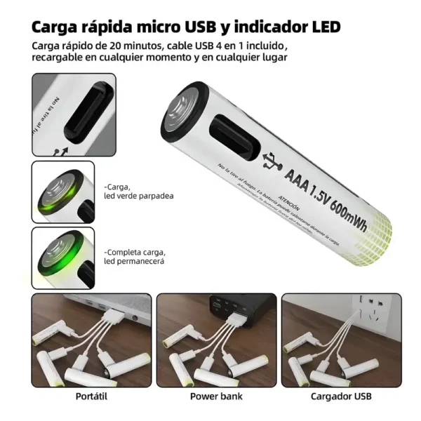 FreshFun AAA Baterías Recargables 600mAh USB-C Carga Rápida Pack de 4 Tecnología y Gadgets MX 2